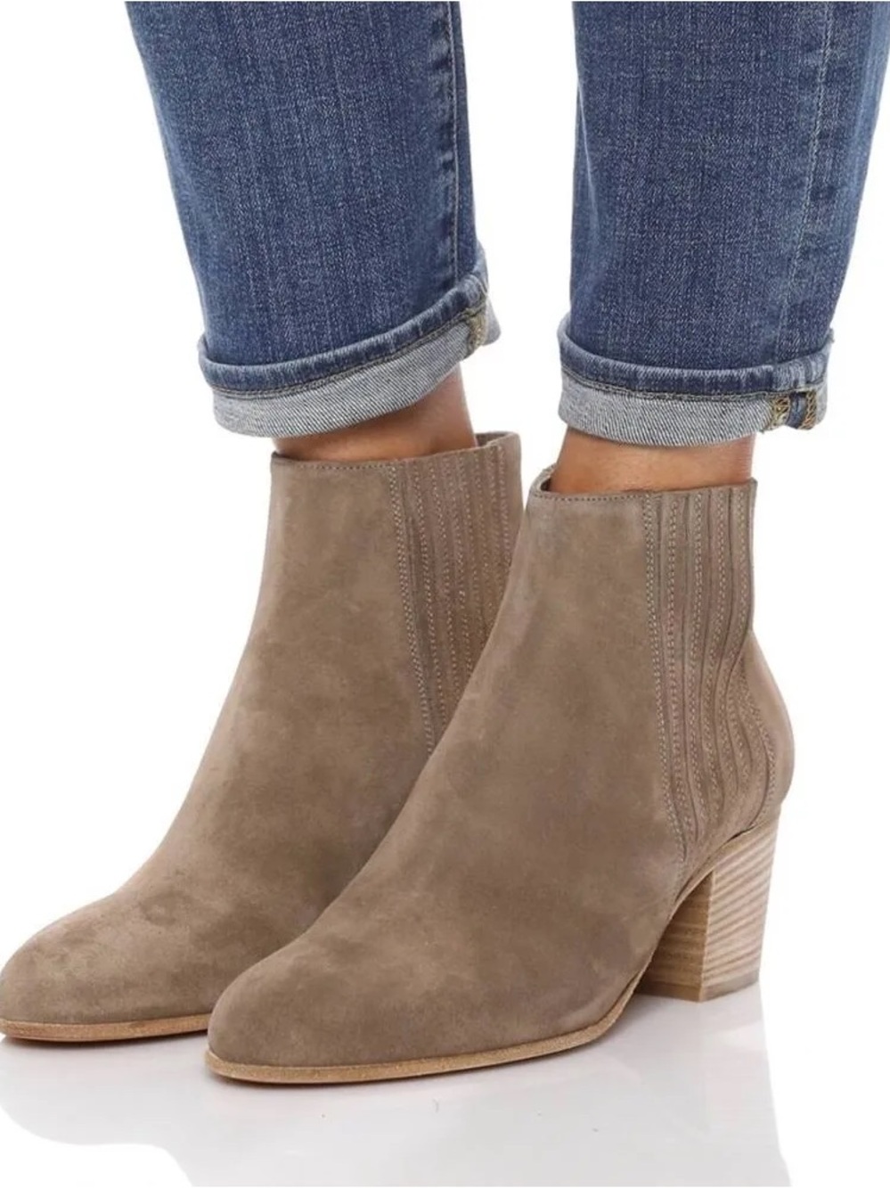 Vince Haider Taupe Suede Ankle Boots with Stacked Heel